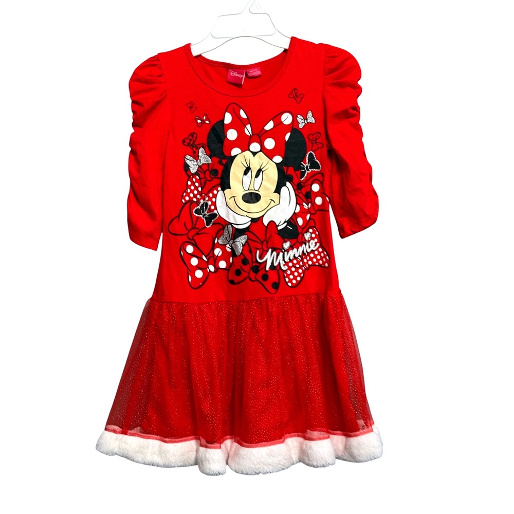 Disney Minnie Mouse Red Holiday Tutu Dress Faux Fur Trim Girls Size M 7-8